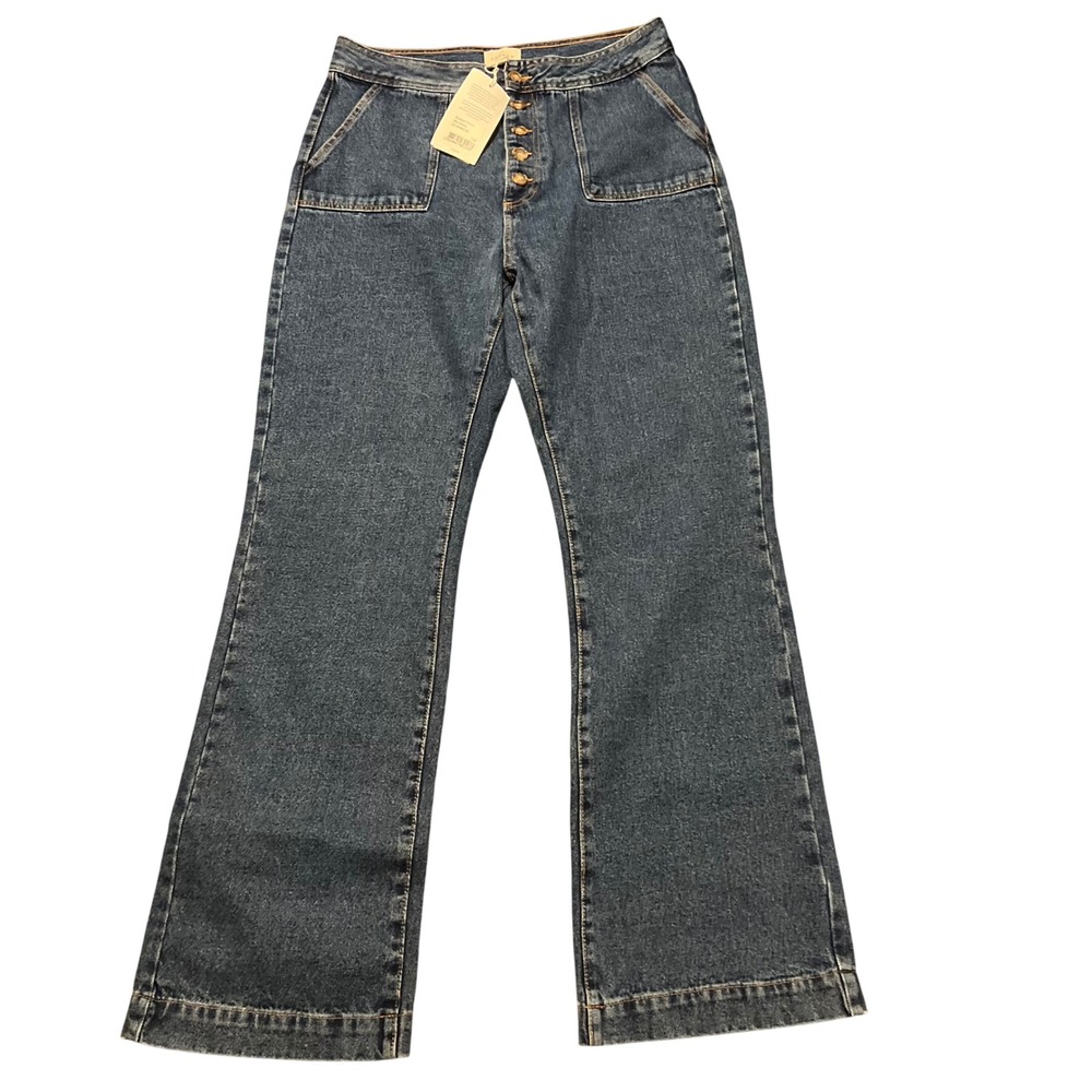 NWT Sezane Tommy Blue‎ Denim Wide Leg Jeans High Rise Button Fly Size 46